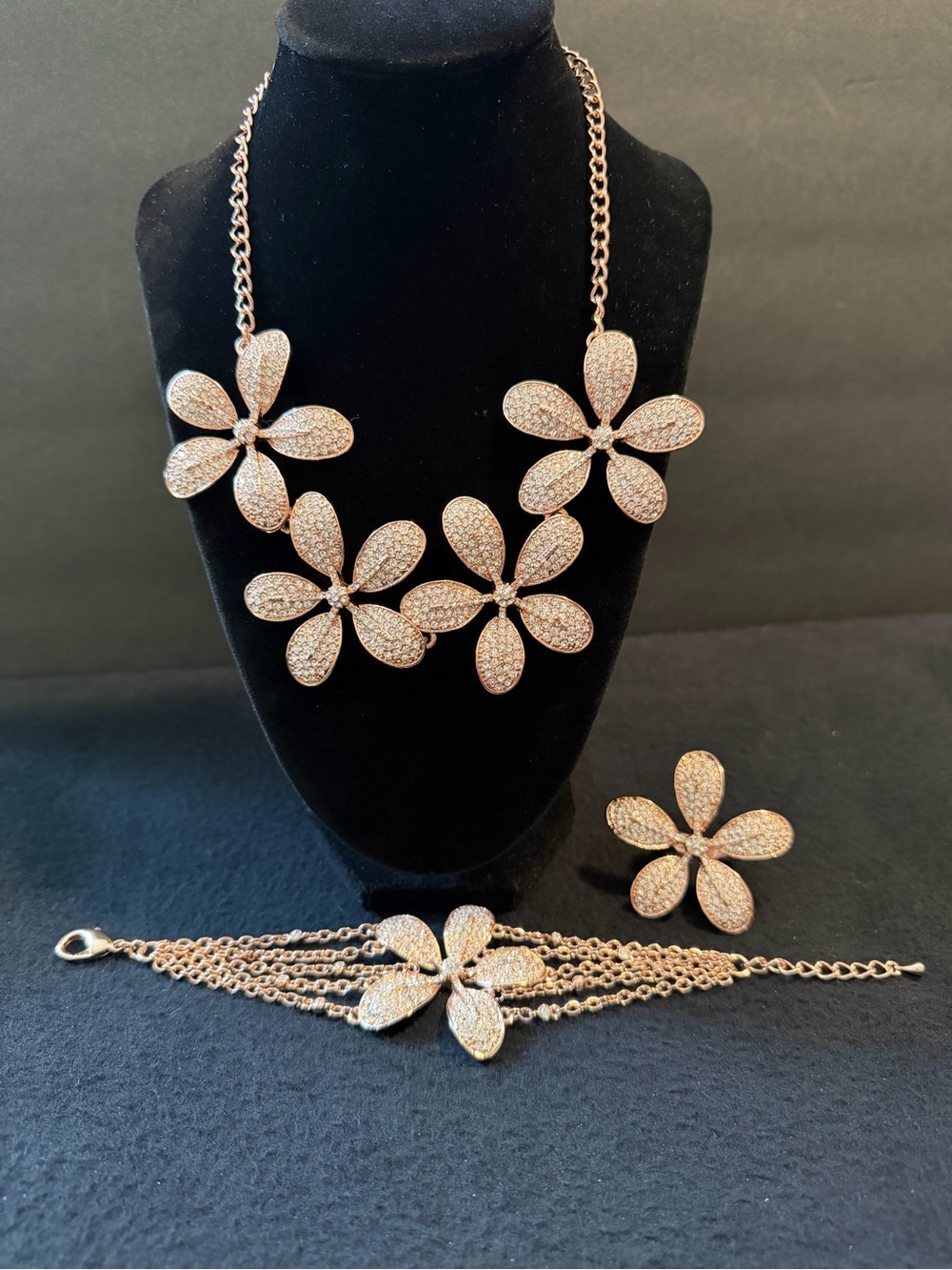 Rose Gold Floral Crystal Necklace, Bracelet & Ring Set